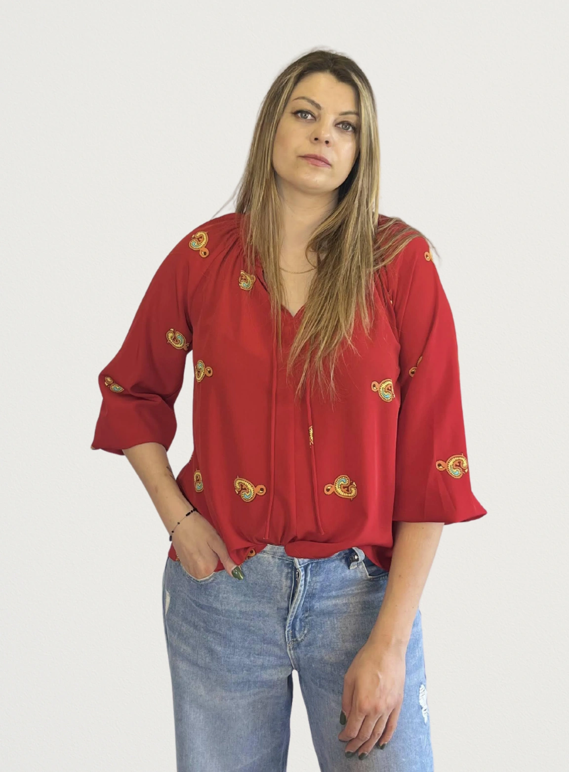 Bluzka czerwona z wzorami tureckimi oversize