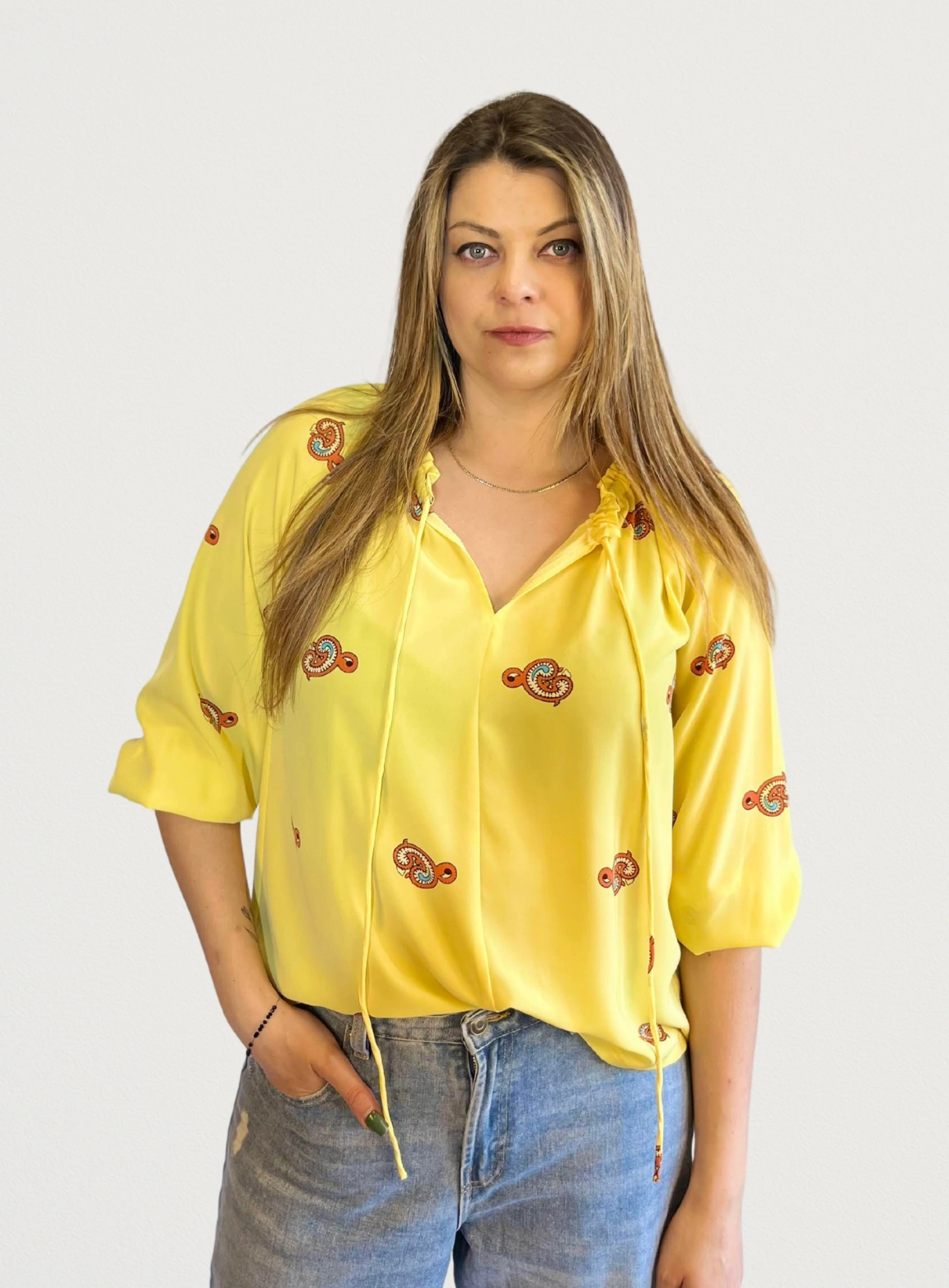 Żółta bluzka folkowa z motywem tureckim